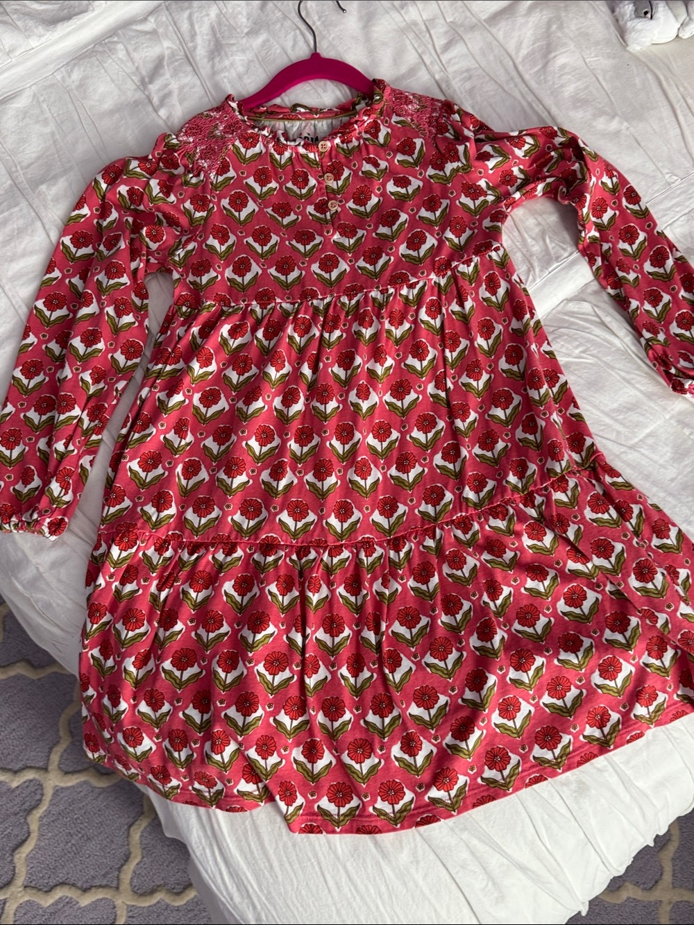 Mini Boden Pink Floral Tiered Long-Sleeve Dress